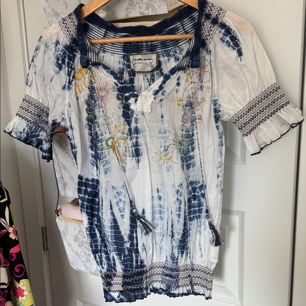 Desigual Navy and White Tie-Dye Blouse